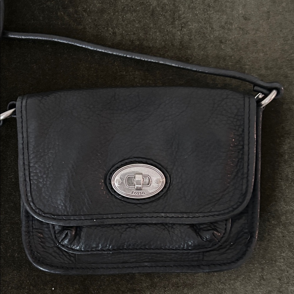 VNTG Fossil Black Leather mini Crossbody Bag with Silver Accents